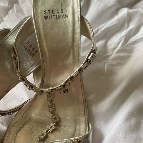 Stuart Weitzman Strappy Silver Chain Kitten Heels - Picture 3 of 6